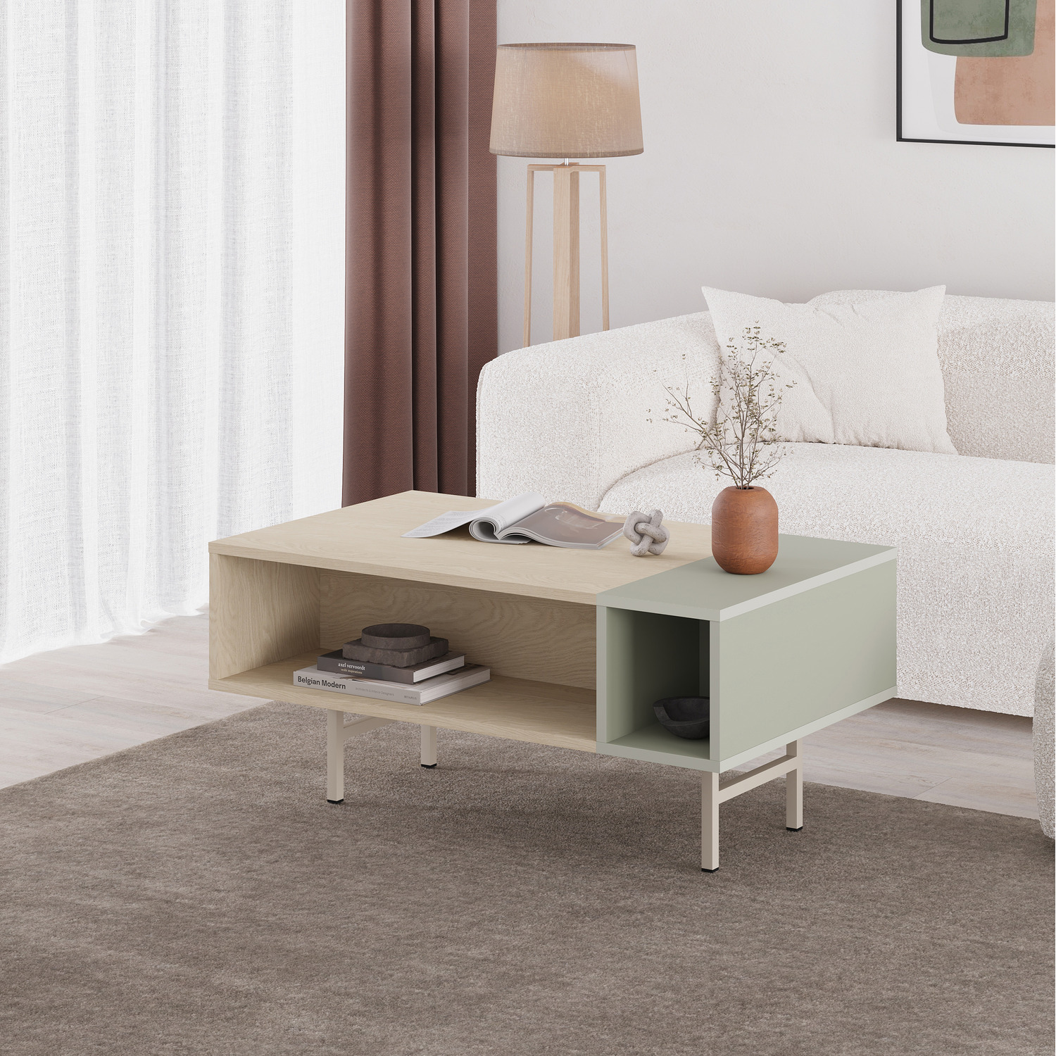Decortie Modern Rectangle Coffee Table With Dual Shelf - Sonoma Oak, Ash Green