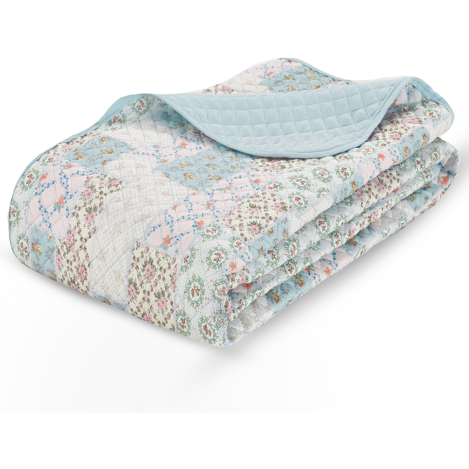 Floral Patchwork Printed Light Quilted Piped Edge Throw - Blue