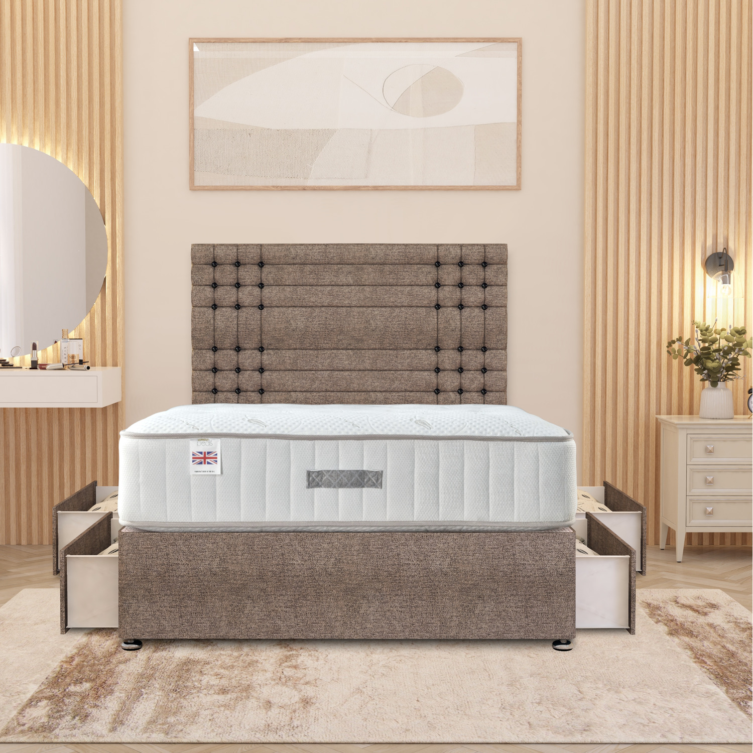 Saville Tweed Fabric Divan Bed Set With 32 Headboard Orthopaedic Mattress - Coffee Double 81 5kg