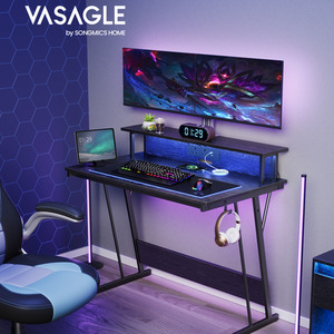 VASAGLE Gaming Desk with LED Lights and Power Outlets