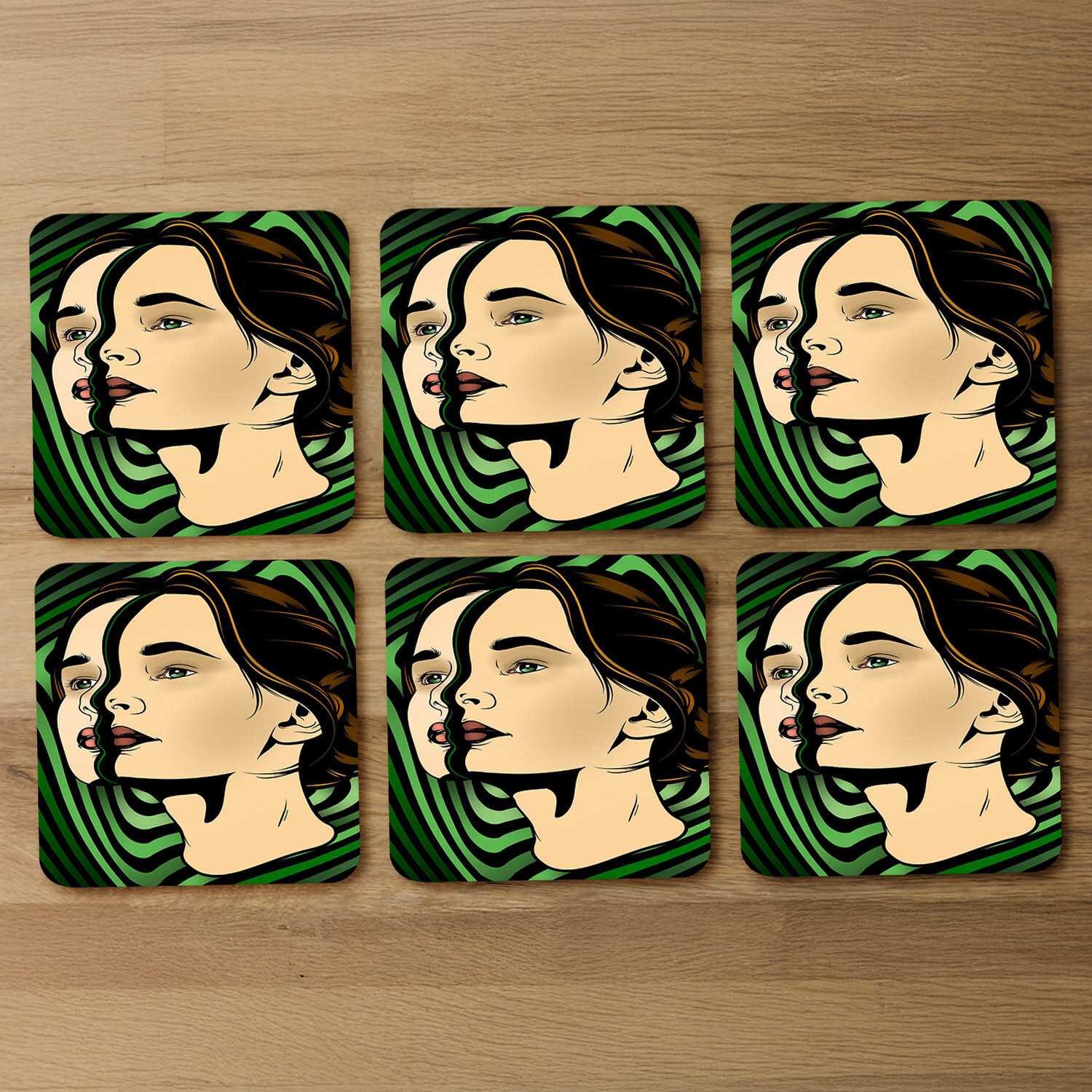 Portrait of woman Designer Coaster Set - Green