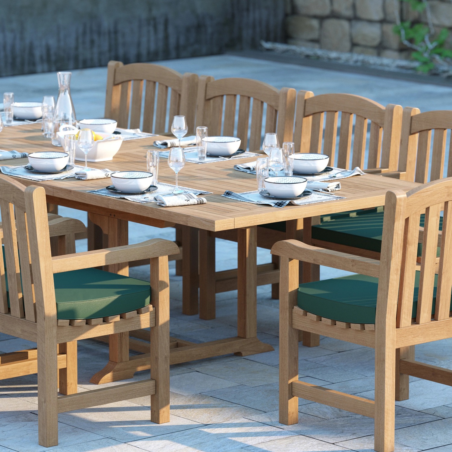 Cologne Teak Garden Dining Table And 10 Seat Chair Set - Teak Table 10 Chairs Black Cushions