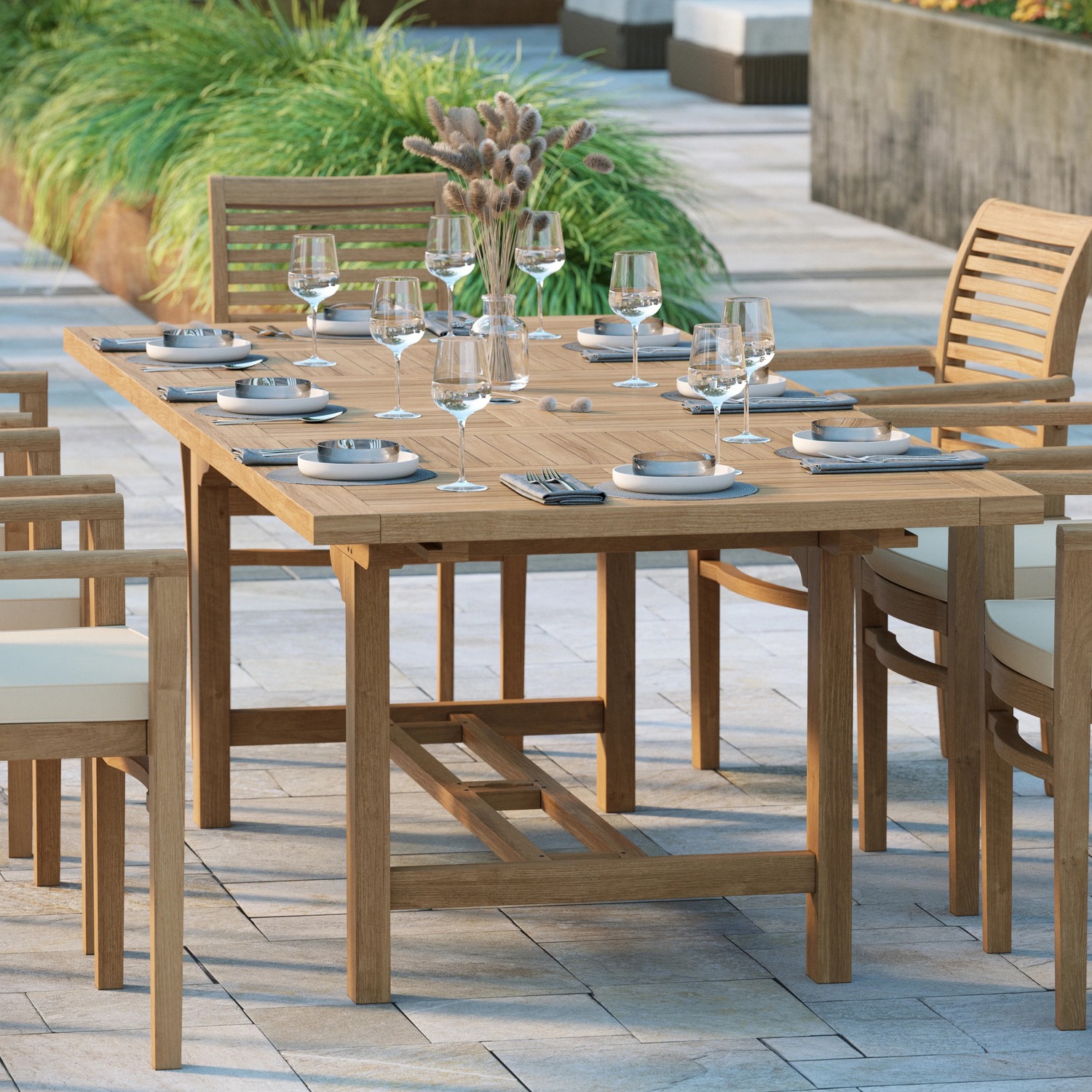 Florence Teak Garden Dining Table And 8 Seat Chair Set - Teak Table 8 Chairs Black Cushions