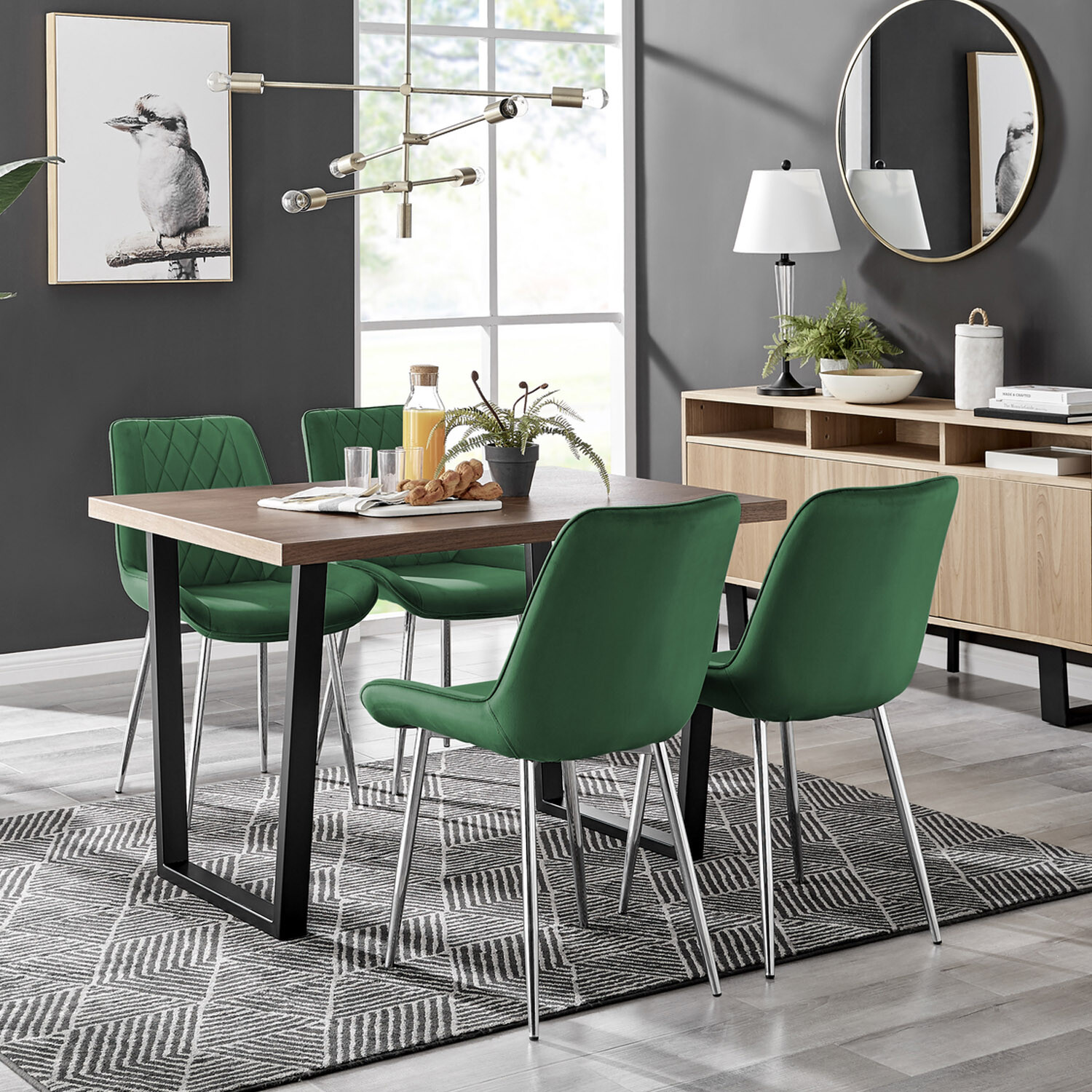 Furnitureboxuk Kylo Brown Wood Effect Dining Table 4 Pesaro Silver Leg Chairs - Green