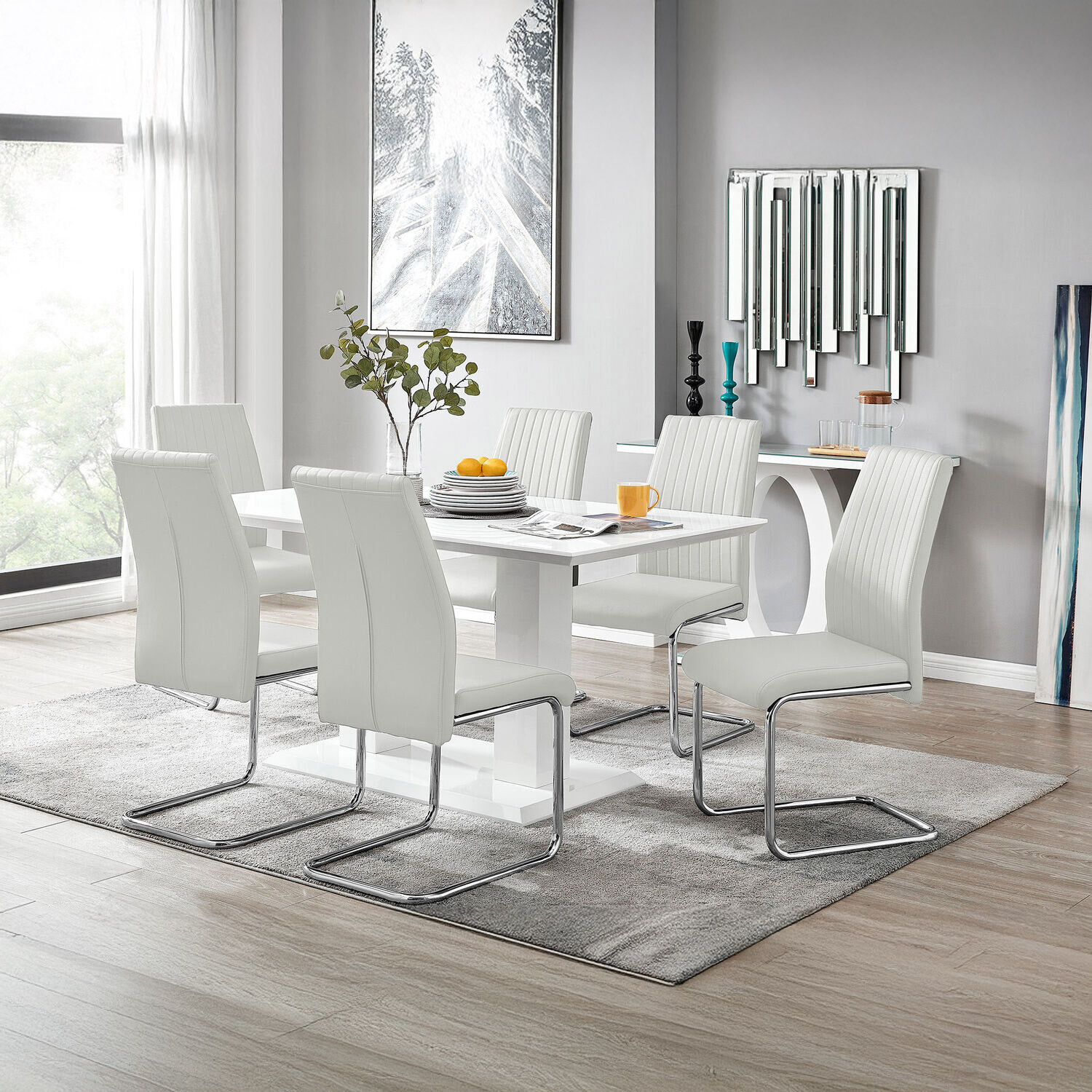 Imperia High Gloss Dining Table and 6 Lorenzo Dining Chairs Set - White