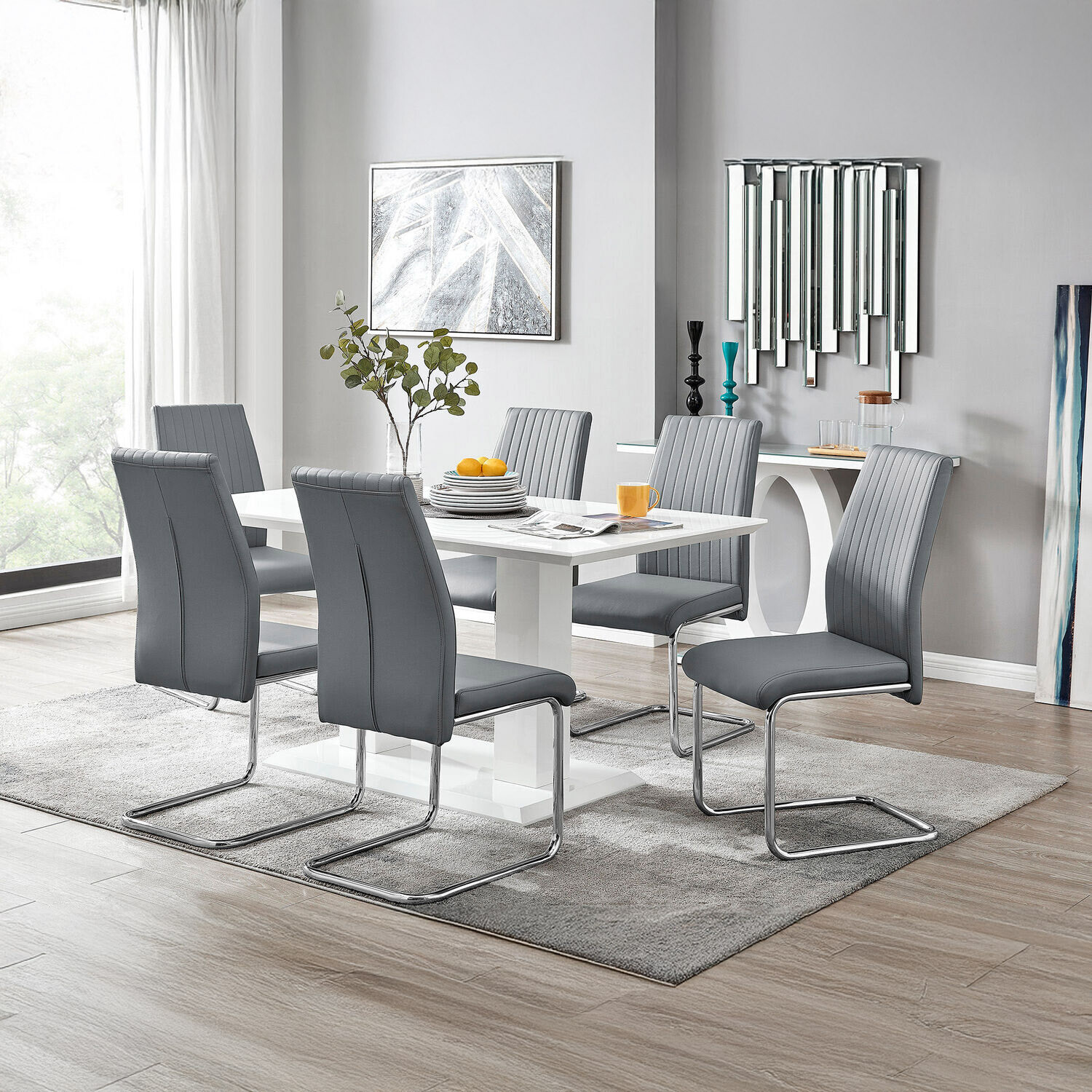 Imperia High Gloss Dining Table and 6 Lorenzo Dining Chairs Set - Grey