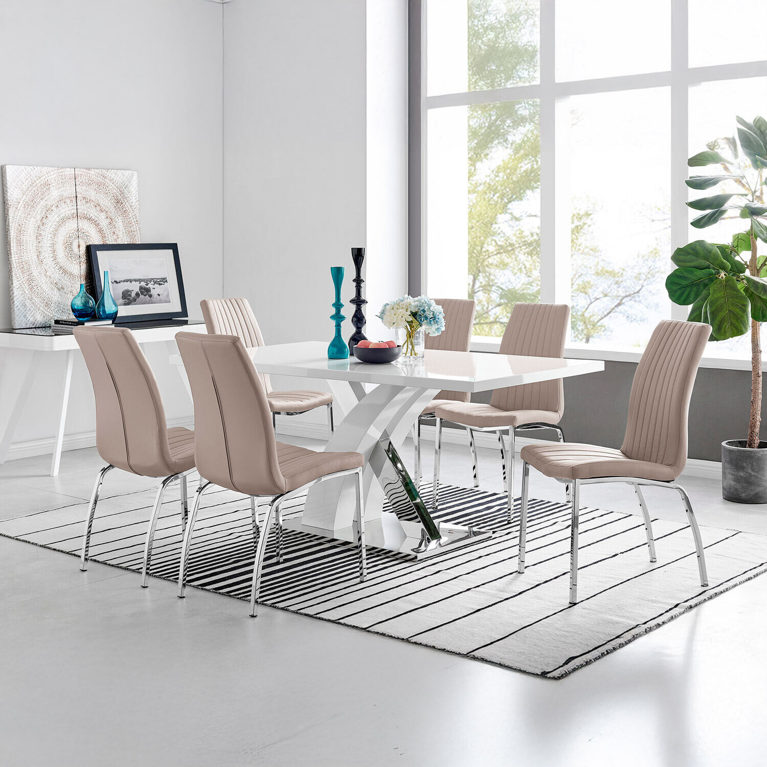 Atlanta Rectangle Chrome Metal High Gloss White Dining Table And 6 Isco Chairs - Cappuccino