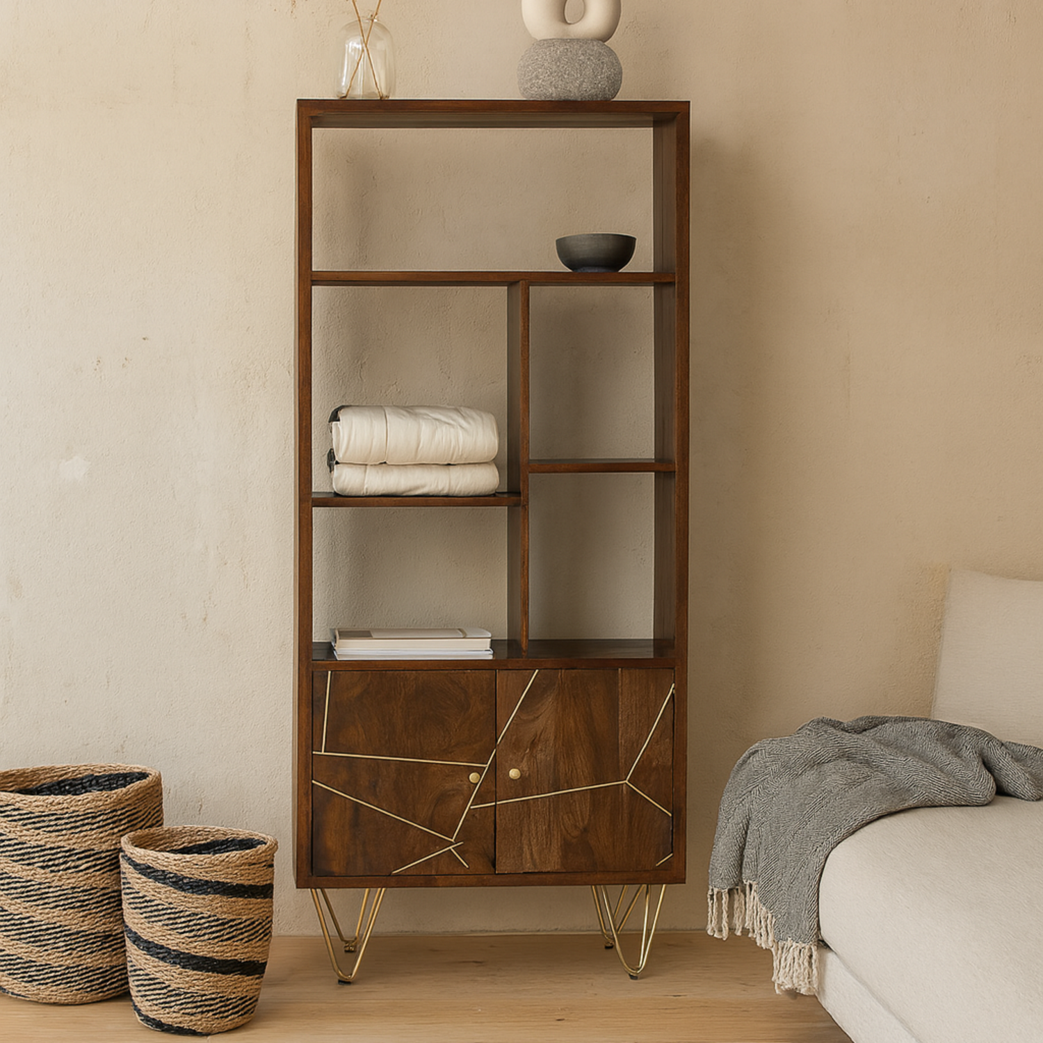 Bandung Dark Mango Wood and Gold Bookcase, 2 Doors 5 Shelves - Brown