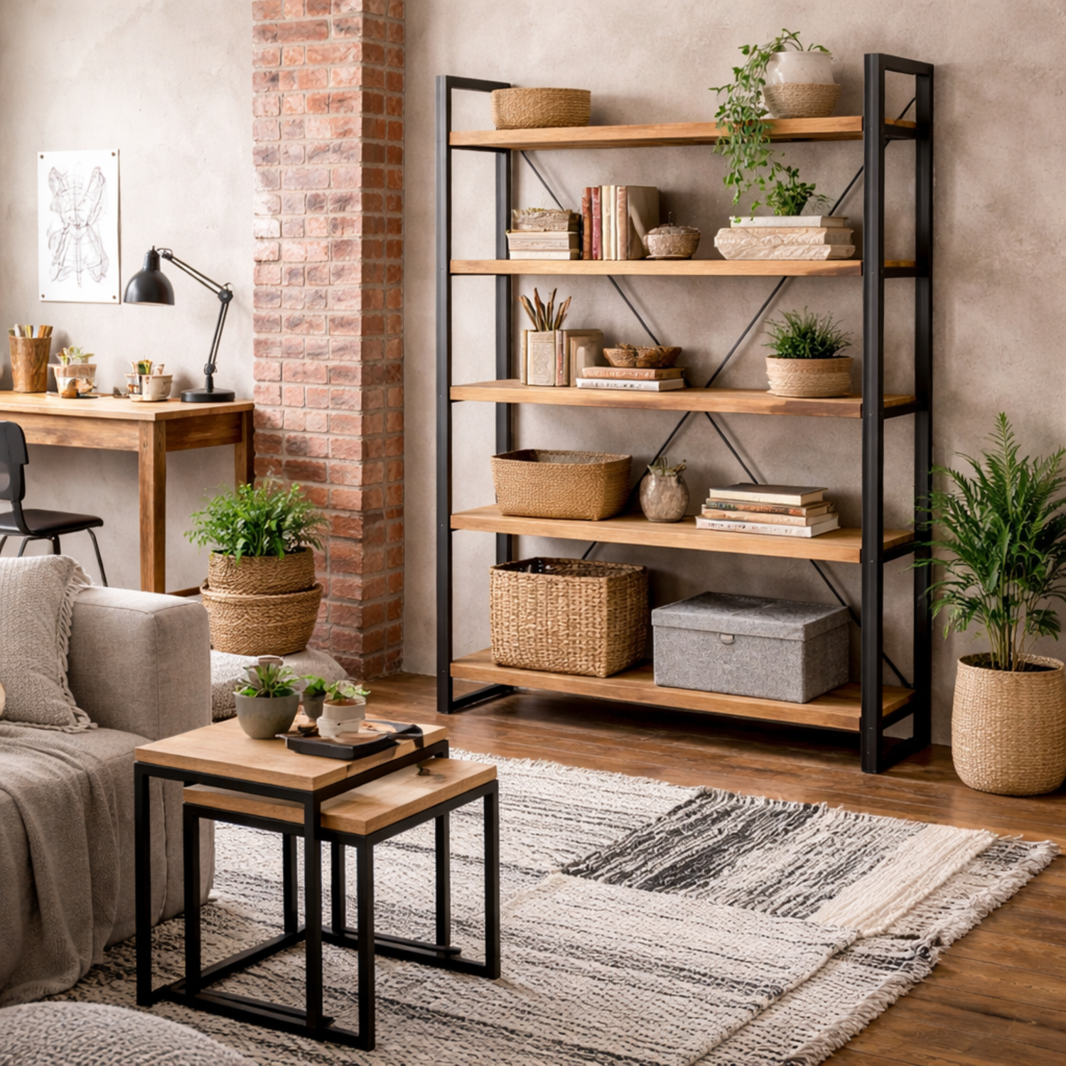 Toivakka Wide Industrial Reclaimed Wood and Metal Bookcase, 5 Shelves - Brown