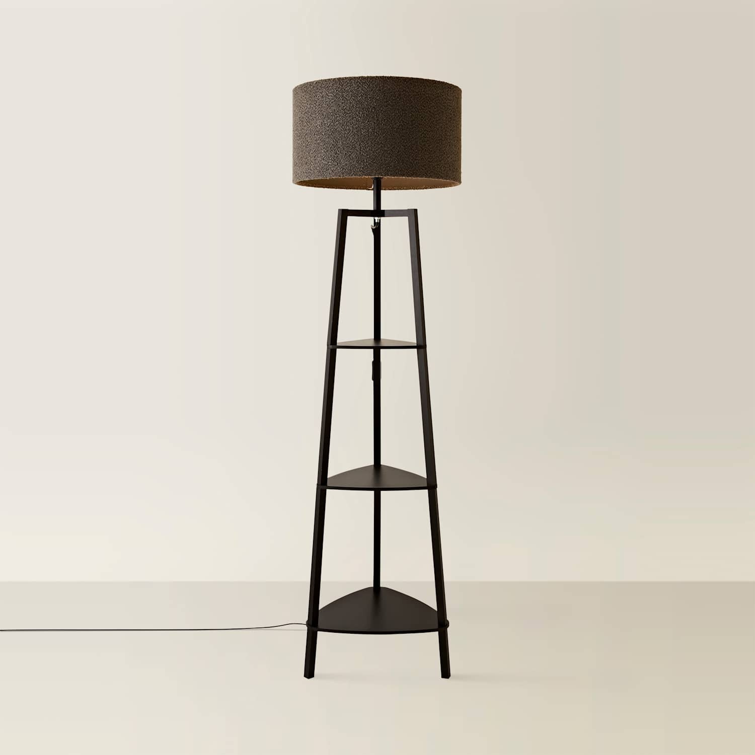 Valuelights Hiru Black 3 Tier Shelf Floor Lamp With Charcoal Boucle Shade - Grey / No - Charcoal