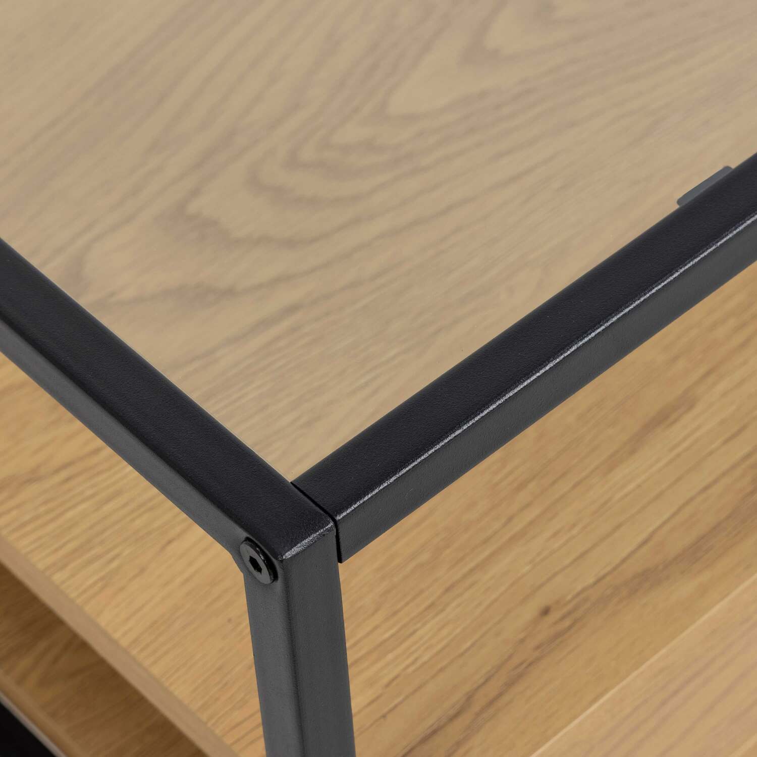 Wrenna Square Coffee Table Powder Coated Frame Tempered Glass Top Effect Shelves - Black