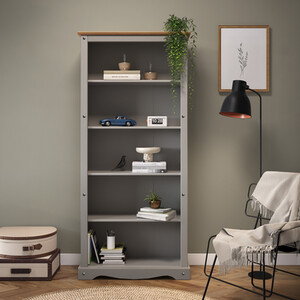 Corona Grey Wax Large Bookcase Solid Wood Pine Wooden Open Shelving Display