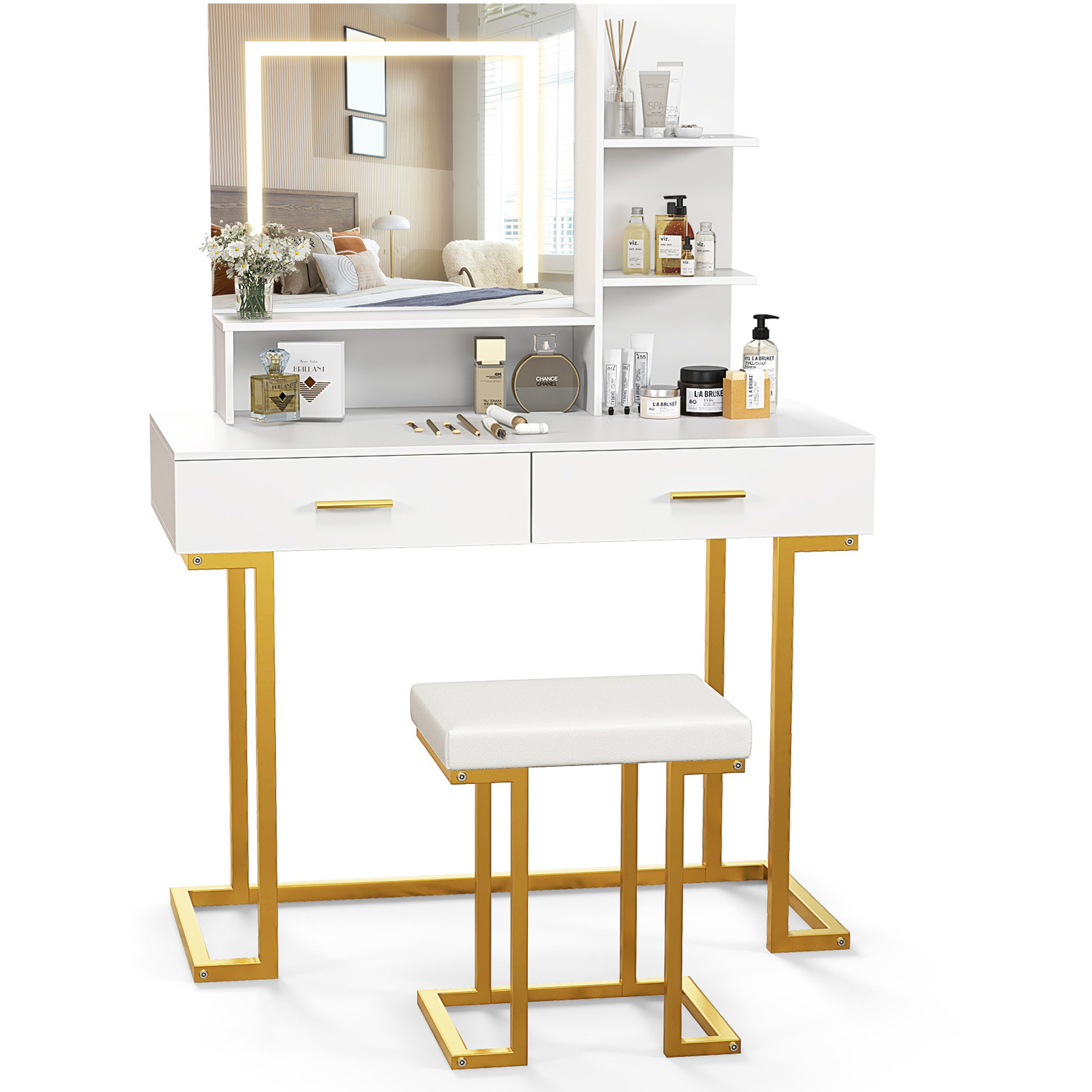 Mirror Makeup Vanity Table With Cushioned Stool - White