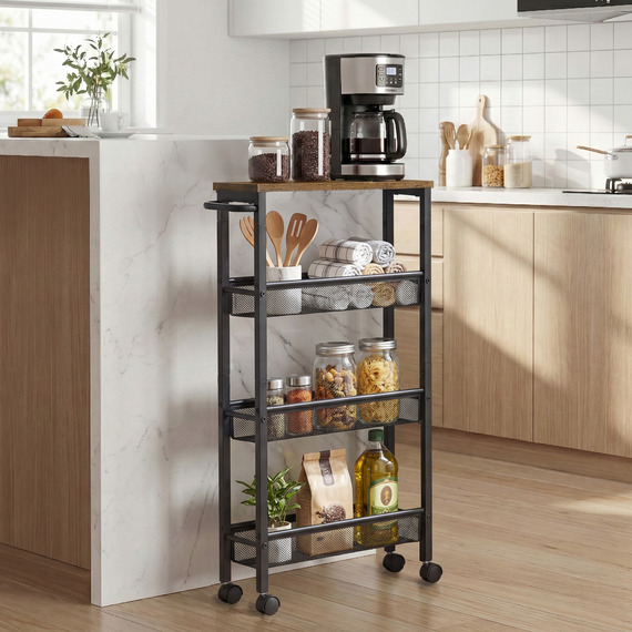 VASAGLE Rustic 4-Shelf Kitchen Trolley with Wheels, Kitchen Cart