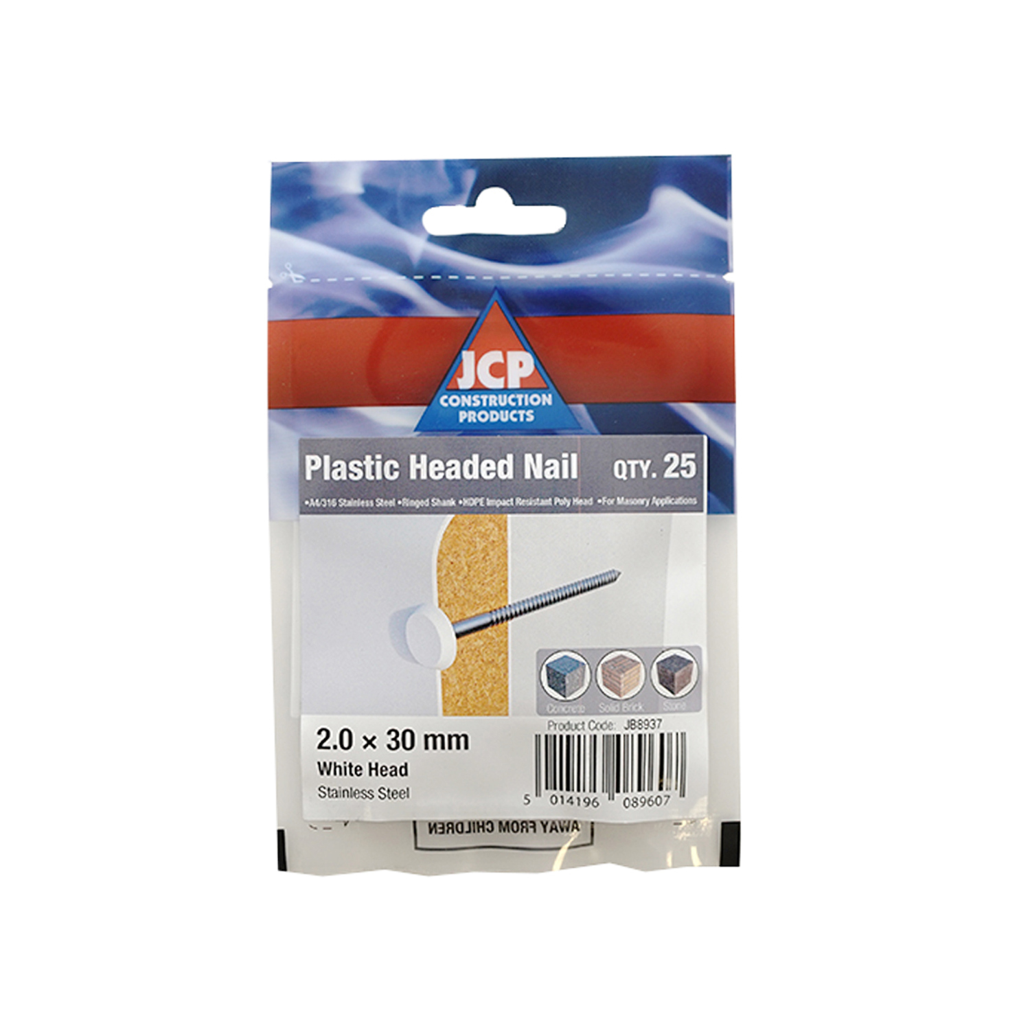 JCP CONSTRUCTION PRODUCTS Plastic Headed Nails 30 x 2.00mm - Box of 125 in White
