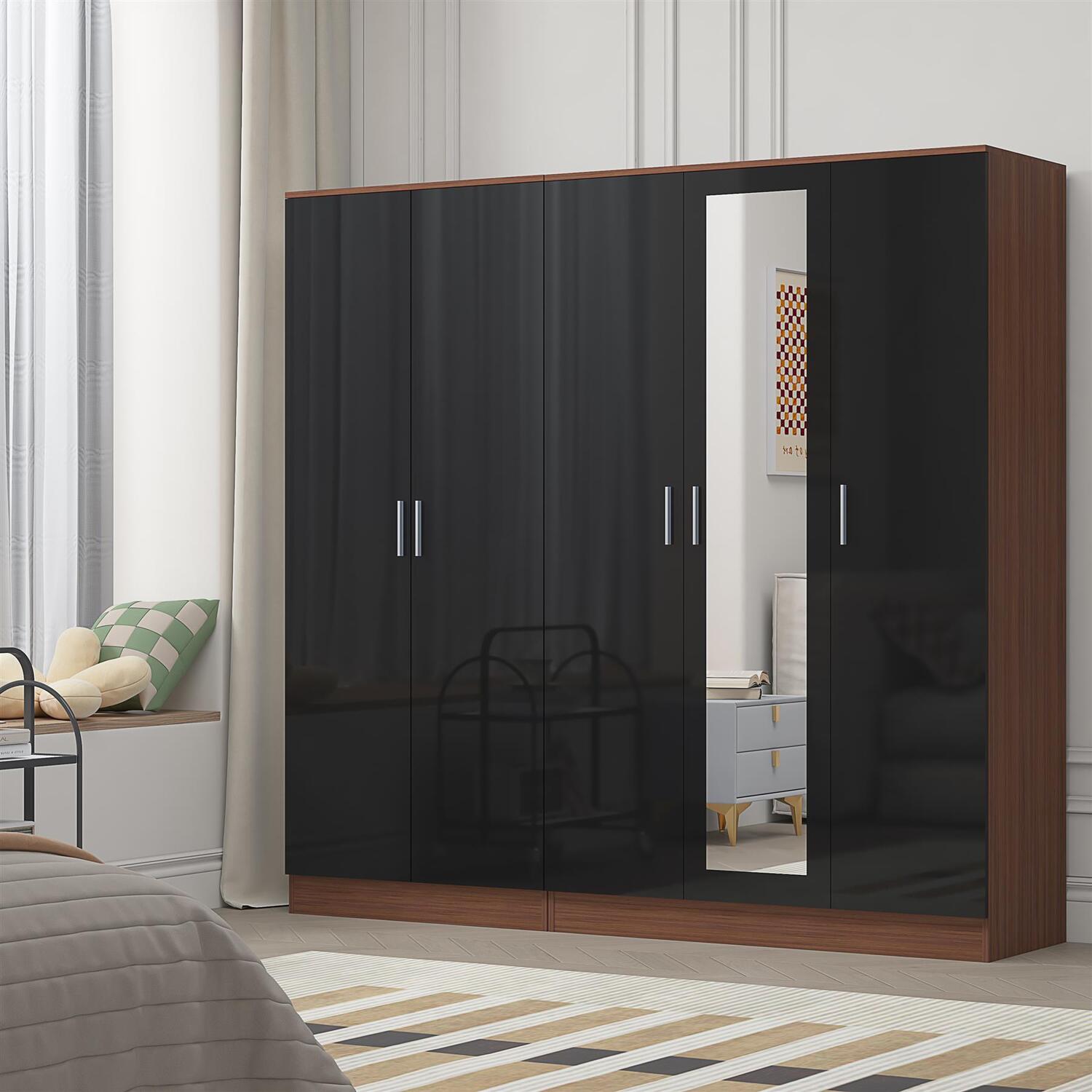 REFLECT 3 Door Mirror + 2 Plain Door Wardrobe Bundle - Black/Walnut - Image 6