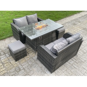 Rattan 6 Seater Gas Fire Pit Sofa Dining Set Stools