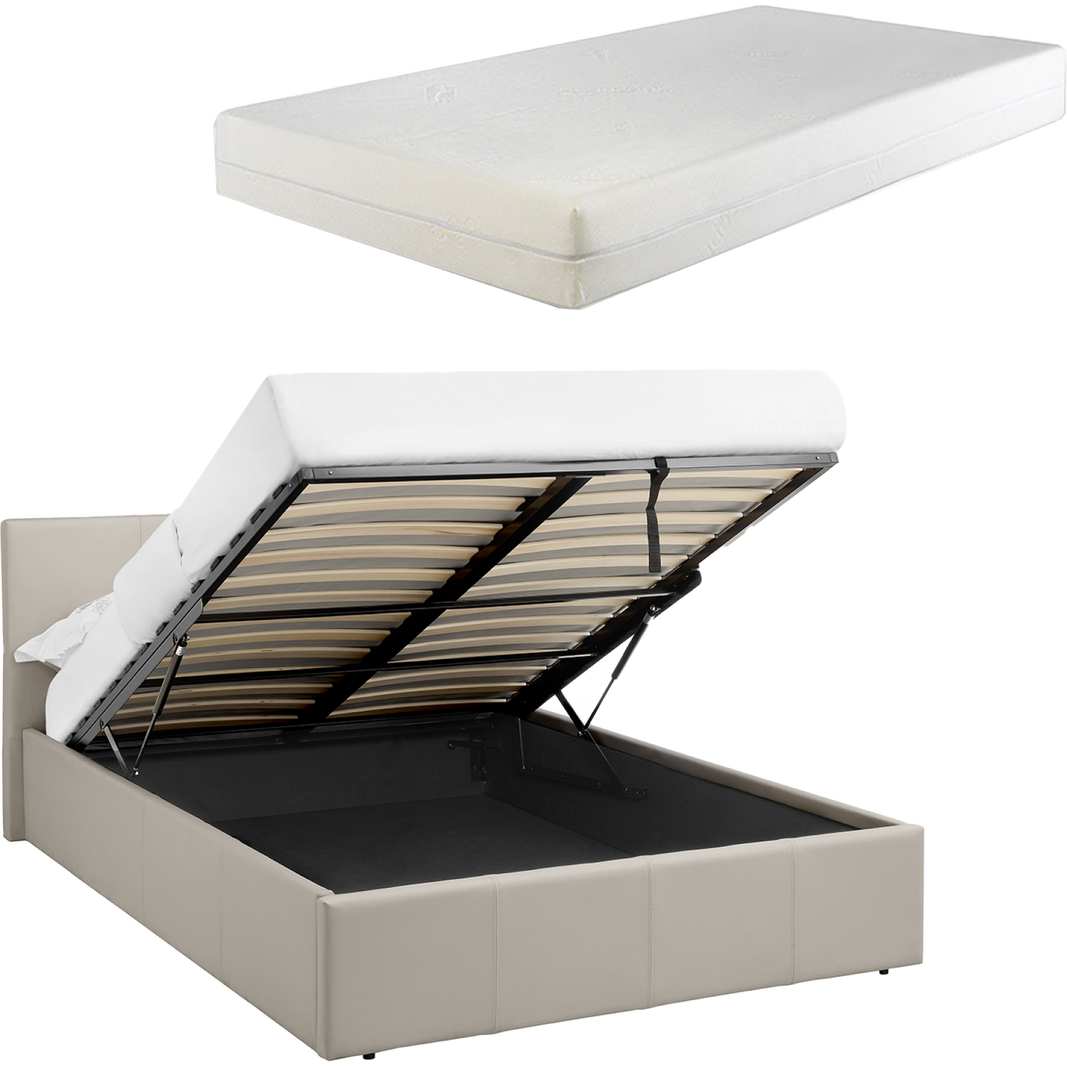 Luna 5Ft Kingsize Ottoman Bed Cream Beige Faux Leather + 15Cm Memory Foam - Cream Beige