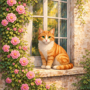 Window with Roses and Cat DIY Diamond Painting Kit
