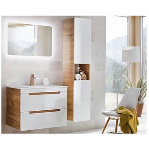 Aruba Wall Bathroom Set, 800mm Vanity, Ceramic Sink and Tall Cabinet White Gloss and Oak Effect