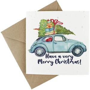 Vintage Blue Car - Plantable Wildflower Seed Christmas Cards - 10 Pack