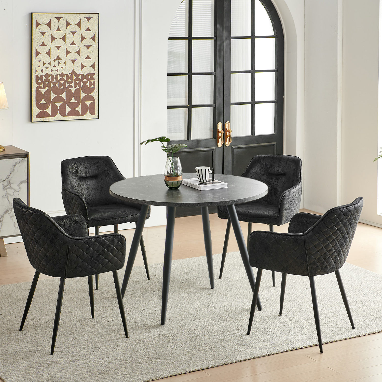 Sonara Black Marble Round Dining Table With 4 Grey Faux Suede Chairs Set - Black