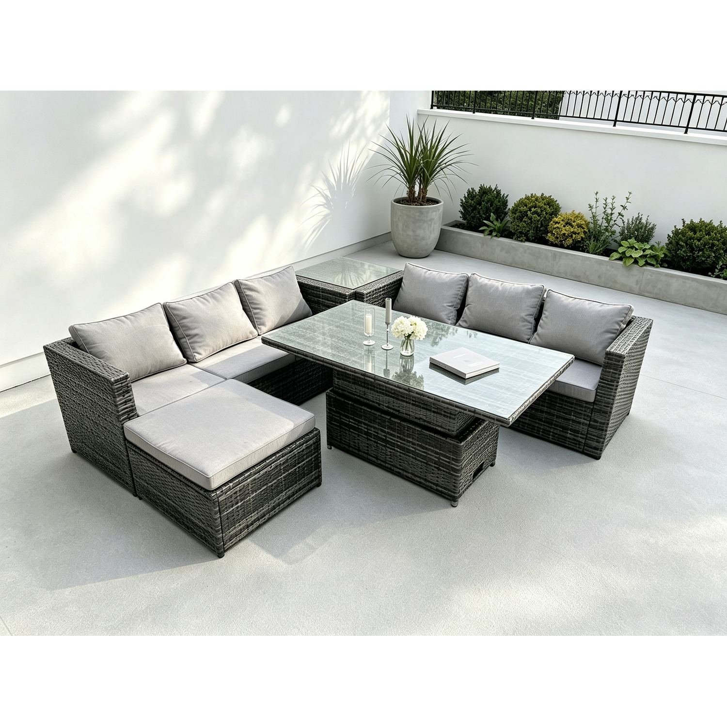 B&Q - 7 Seater Outdoor Rattan Sofa Set Adjustable Rising Lifting Dining Table Side Tea Coffee Table Footstool Dark Grey Mixed - Image 2