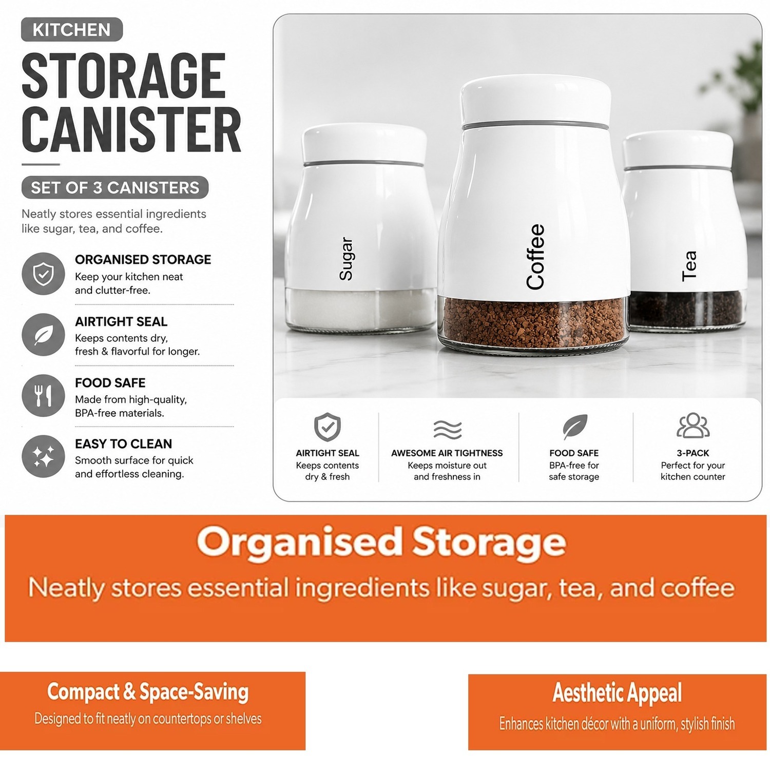 Atek White 3 Piece Tea Coffee Sugar Canister Set Kitchen Storage Jars - Image 2