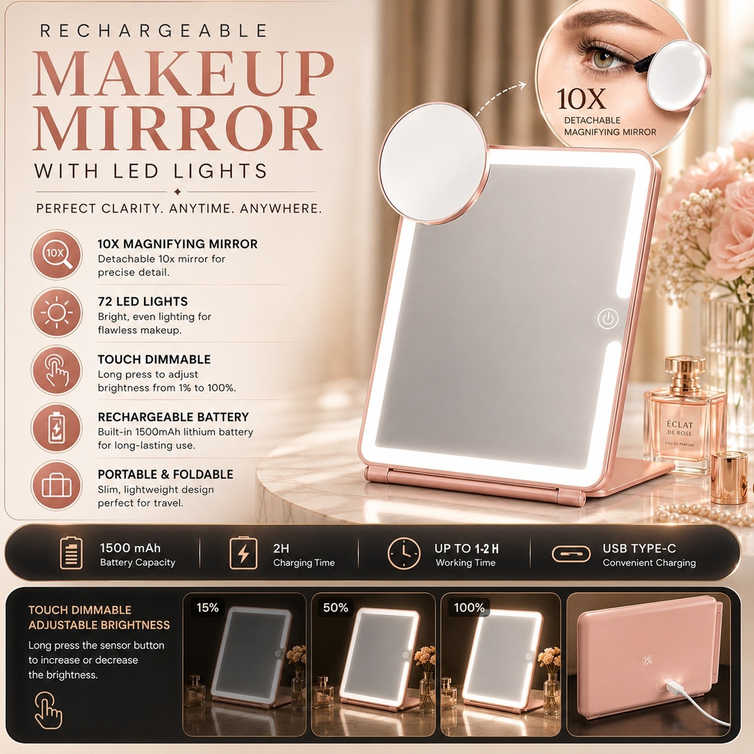 ATEK Rechargeable Makeup Mirror, Portable Travel Mirror, Rotating Beauty Makeup Mirror Foldable Tabletop Cosmetic Mirror for Home, Travel