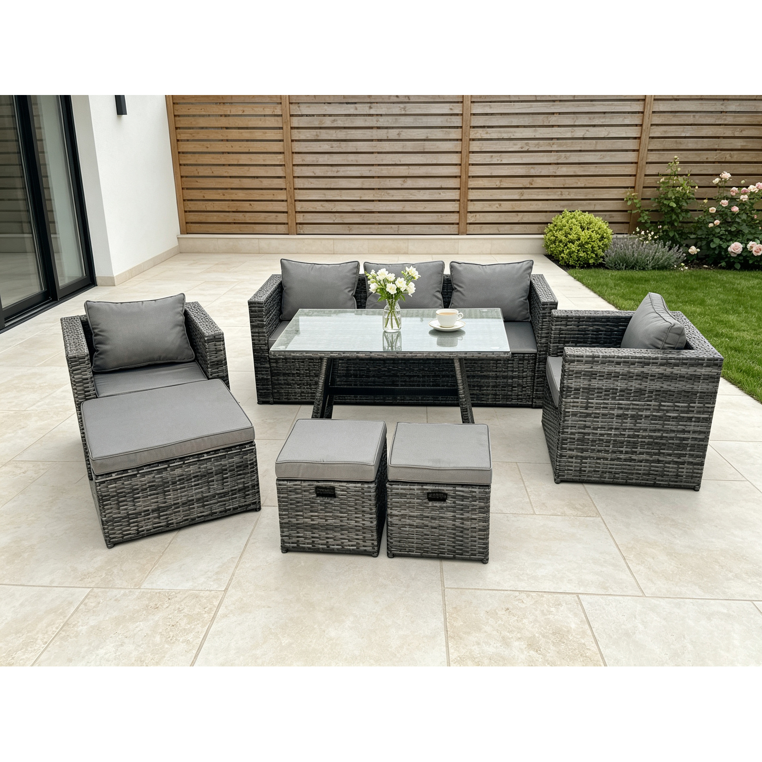 Fimous Dark/Grey 8 Seater Rattan Outdoor Furniture Sofa Garden Dining Set With Dining Table 2 Armchairs 3 Stools Mixed - Image 2