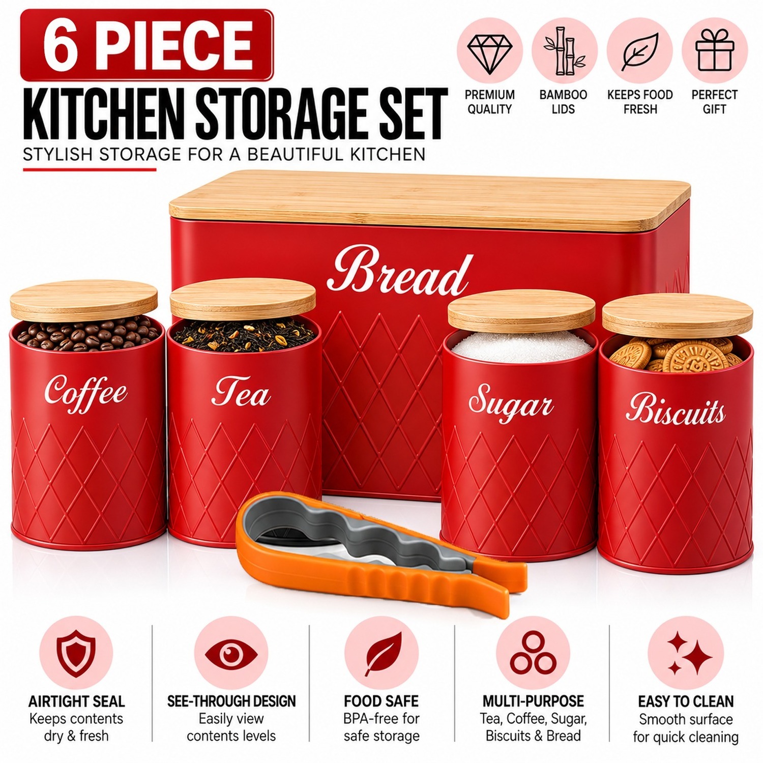 Atek 6Pcs Kitchen Storage Canister Bamboo Lids Tea Coffee Sugar Jars