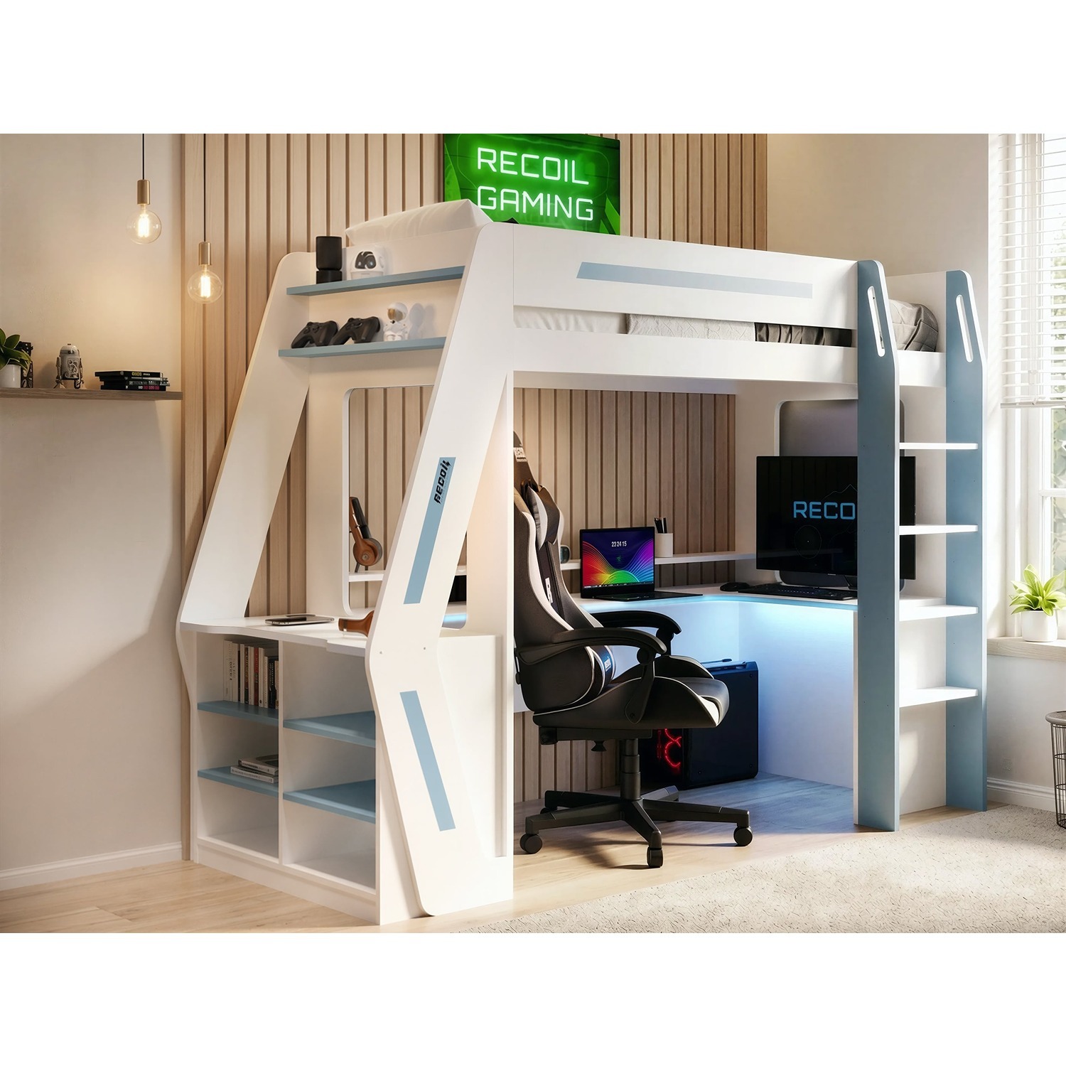 Recoil Alister Gaming High Sleeper With Desk And Storage - White & Blue