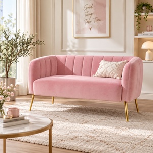 2 Seater Sofa in Pink Velvet, Loveseat Sofa with Gold Metal Legs