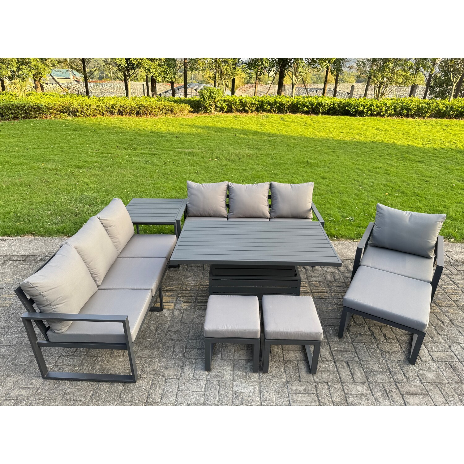 Rackhams Dark/Grey 10 Seater Aluminium Garden Furniture Set With Adjustable Rising Dining Table, 3 Footstools, Side Table - Image 2