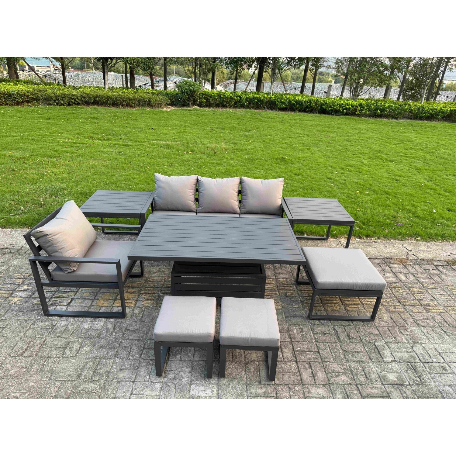 B&Q - Aluminum Outdoor Dining Set Includes Adjustable Rising Lifting Dining Table Chairs With 3 Footstools 2 Side Tables - Image 2
