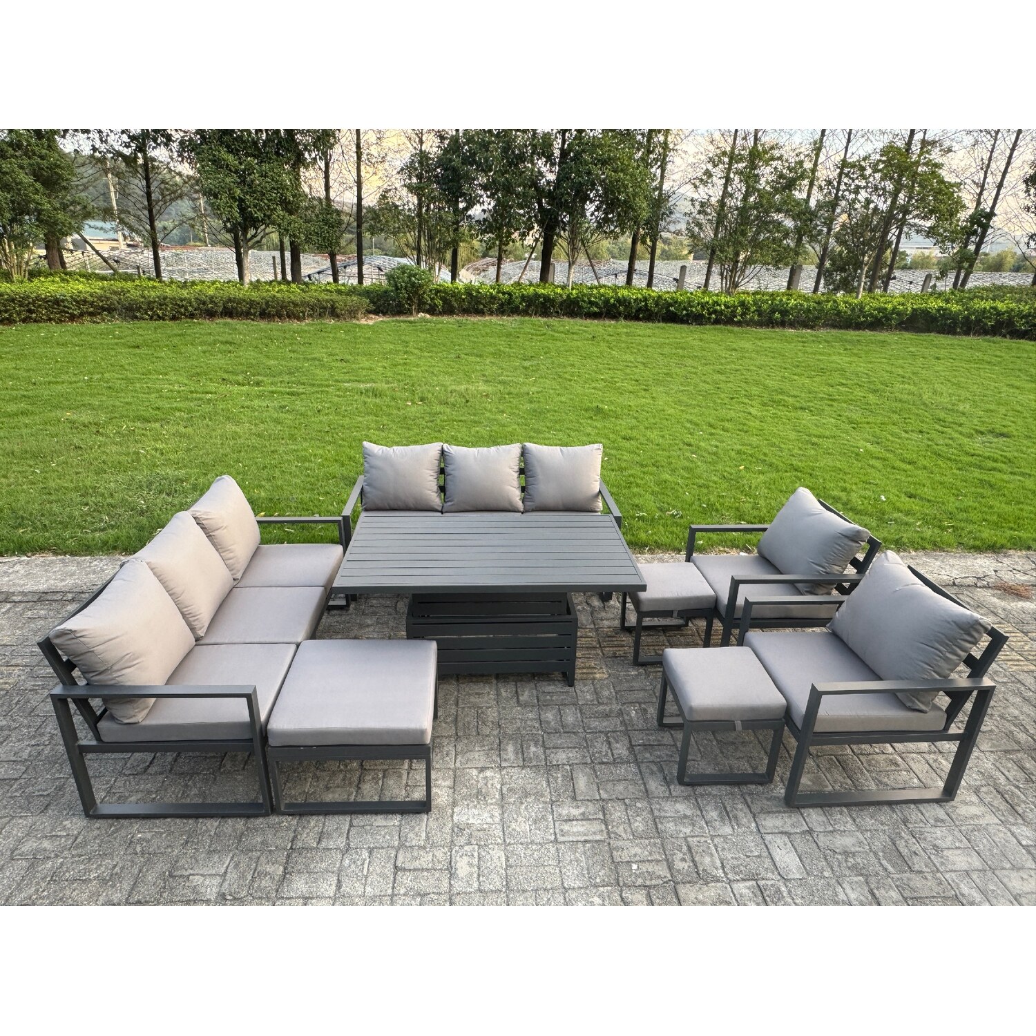 Rackhams Dark/Grey 11 Seater Aluminium Garden Furniture Set Set With Adjustable Rising Dining Table & 3 Footstools - Image 2