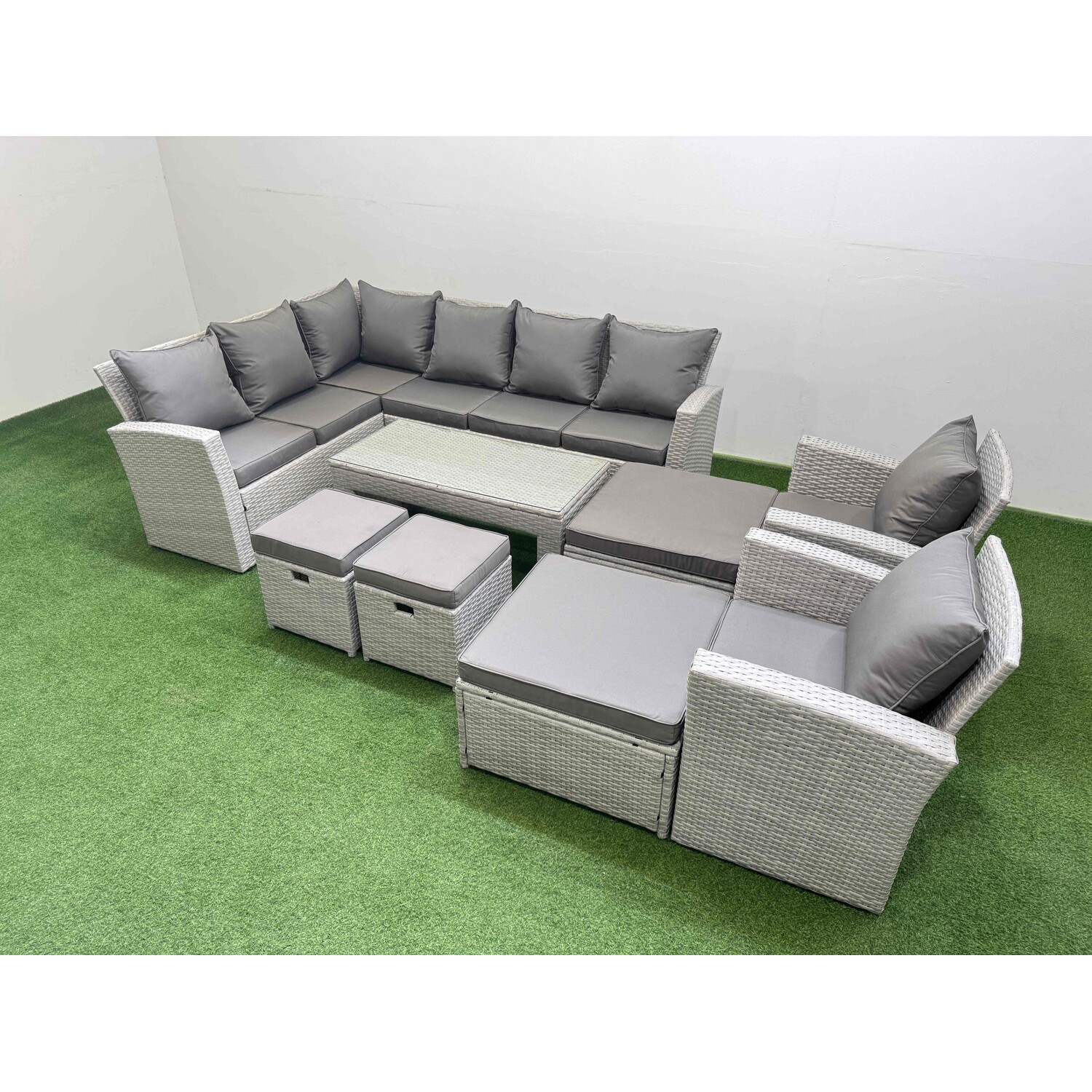 Fimous Rattan Garden Furniture Set Outdoor 12 Seater Corner Sofa Sets With Oblong Coffee Table Chair 4 Footstools Light Grey Mixed - Image 3