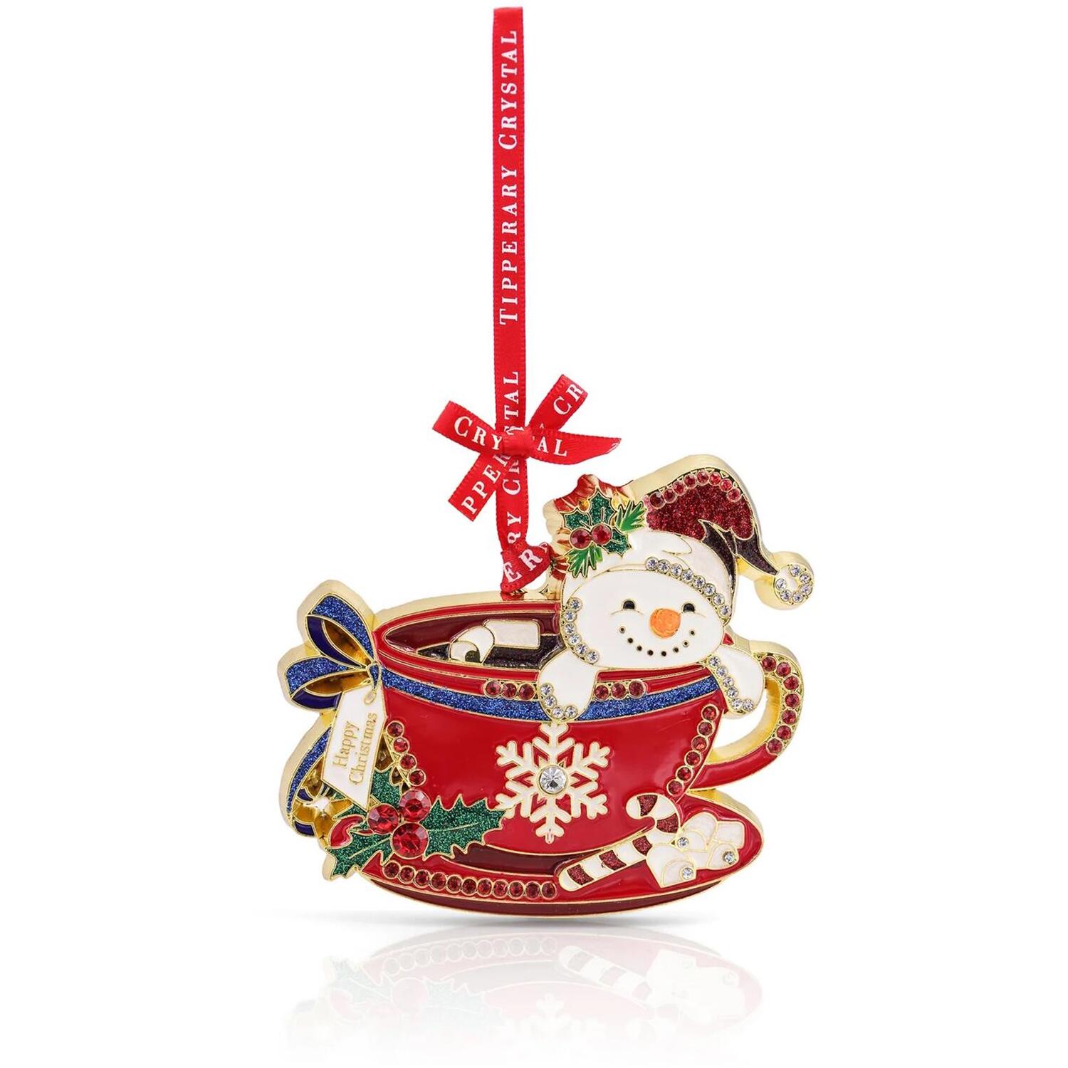 Tipperary Crystal Sparkle Collection - Snowman Teacup Hanging Decoration. | Tipperary Crystal Sparkle Collection snowman teacup ornament with red hanging ribbon, in a luxury star-shaped gift box. - Image 2
