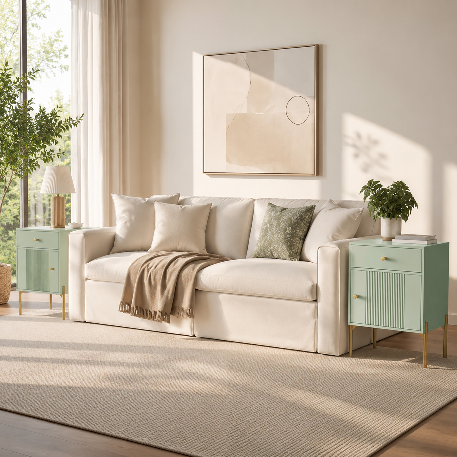 Homcom Modern End Table Set Of 2 With Drawer And Cabinet, Light Green, Green - Image 4