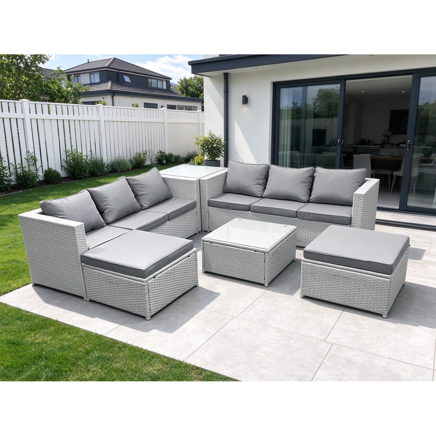 Fimous Light/Grey Rattan Garden Outdoor Furniture Set 8 Seater Rattan Garden Sofa Set With 2 Big Footstools Side Table Mixed - Image 2