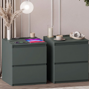 Contemorary 2 Drawer Large Bedside Chest With Power Outlet (Set of 2)