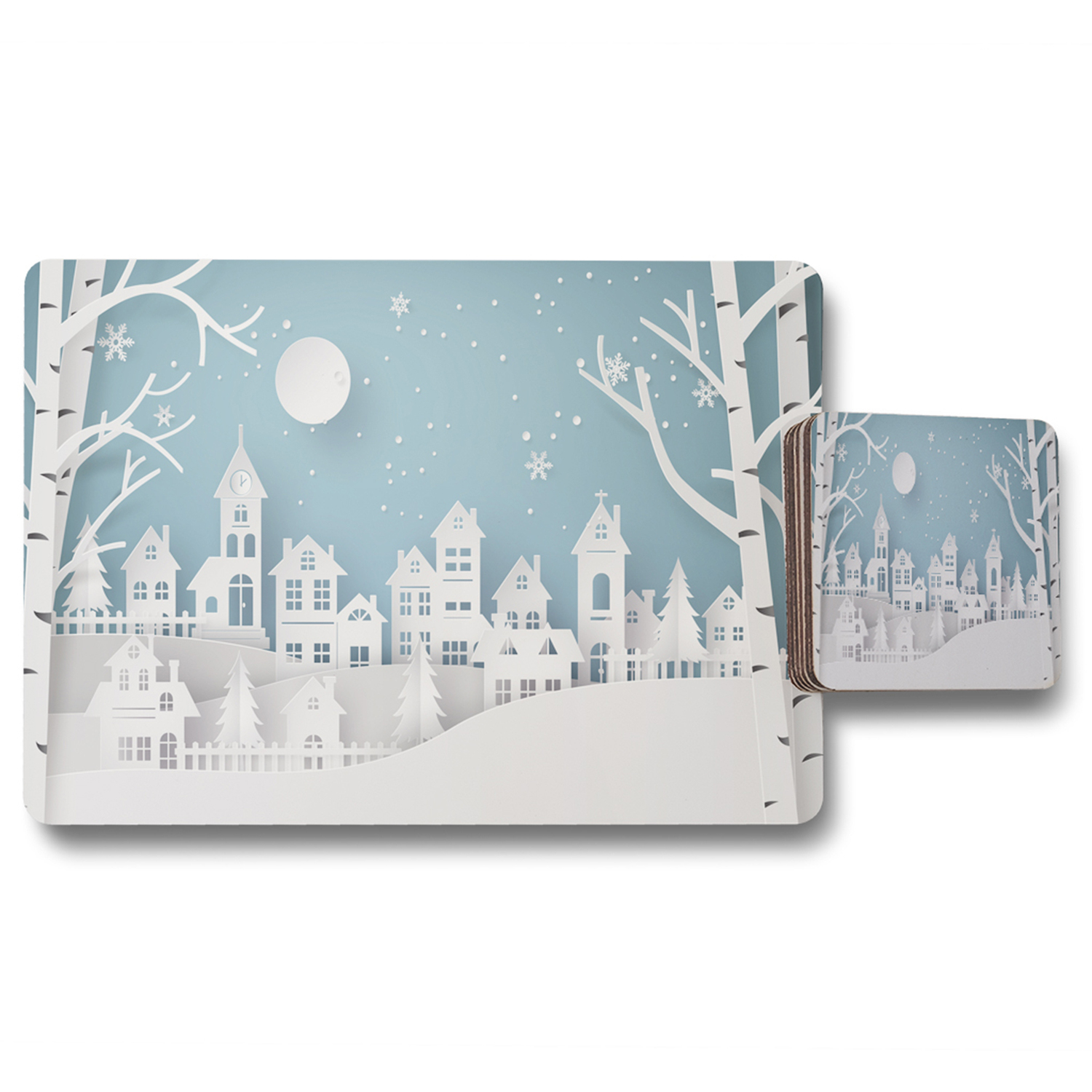 Winter Snow Urban Countryside Dining Placemat  Coaster Set - Blue