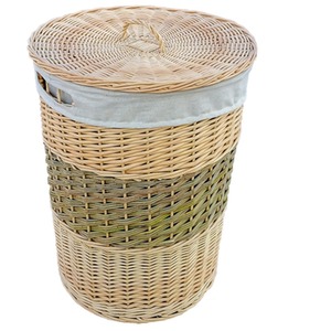 Two Toned Round Wicker Laundry Basket with Lid