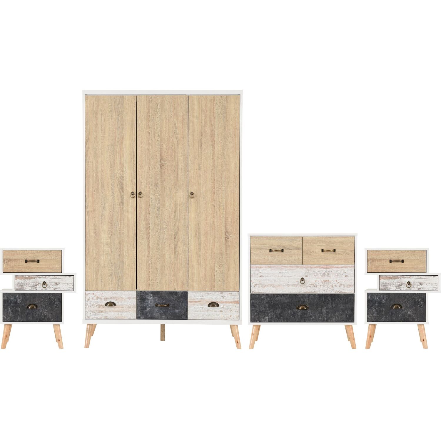 Seconique - Nordic 3 Door 3 Drawer Wardrobe Bedroom Set - white and distressed effect thumbnail