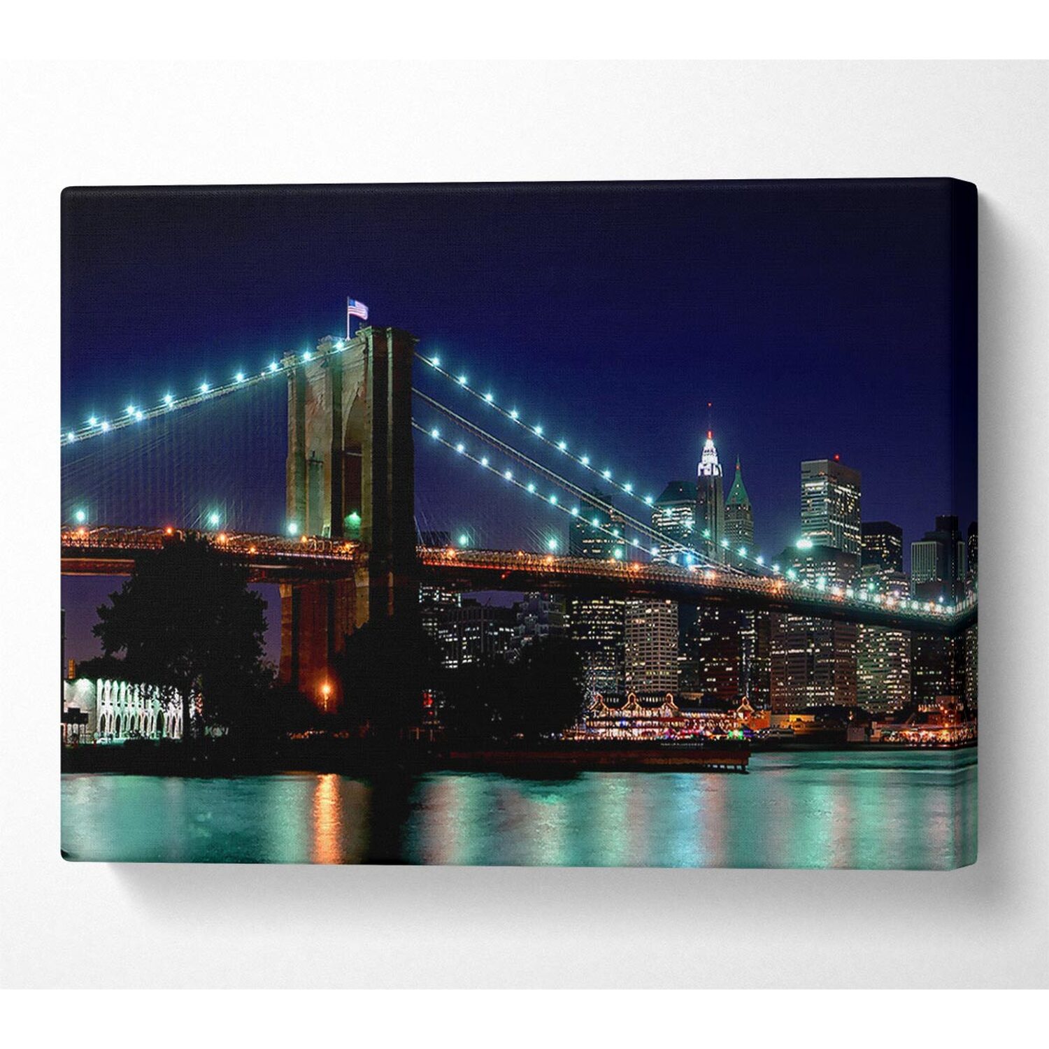Wallart-Direct - Brooklyn Bridge NYC Blue Nights Canvas Print Wall Art - Yellow / 101.6cm thumbnail