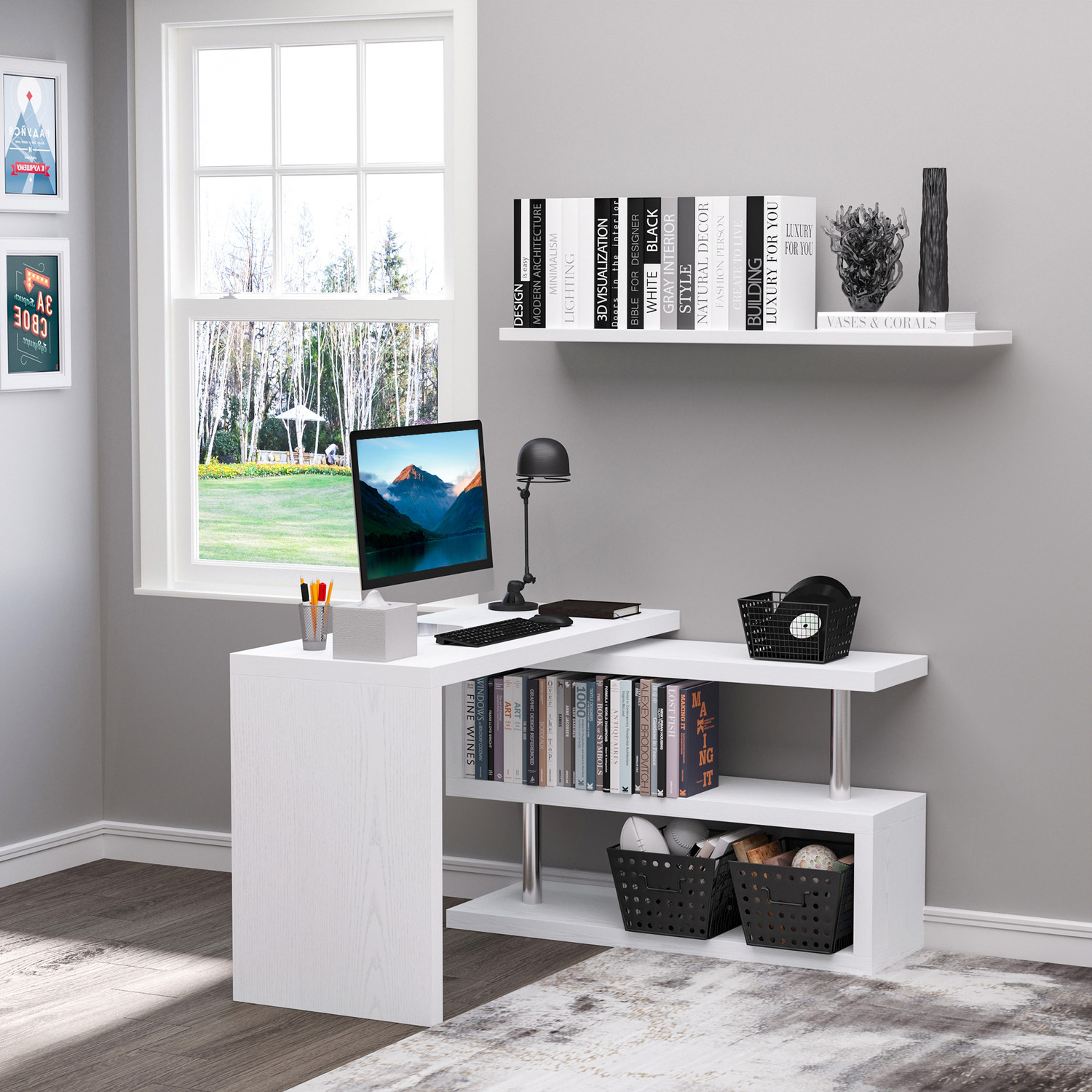 HOMCOM 360 degree Rotating L-Shaped Corner Desk - White thumbnail