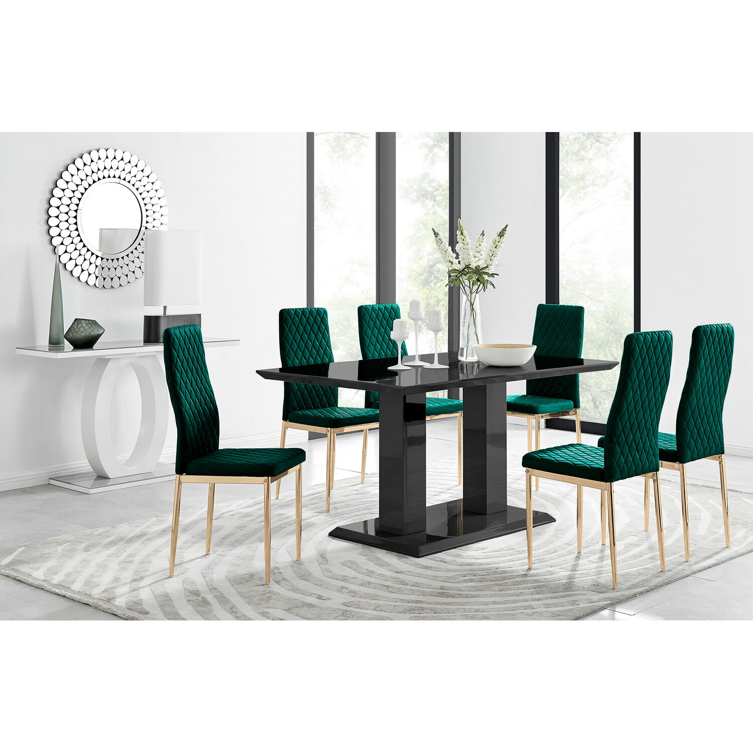 Imperia 6 Black Dining Table and 6 Velvet Milan Gold Leg Chairs - Green thumbnail
