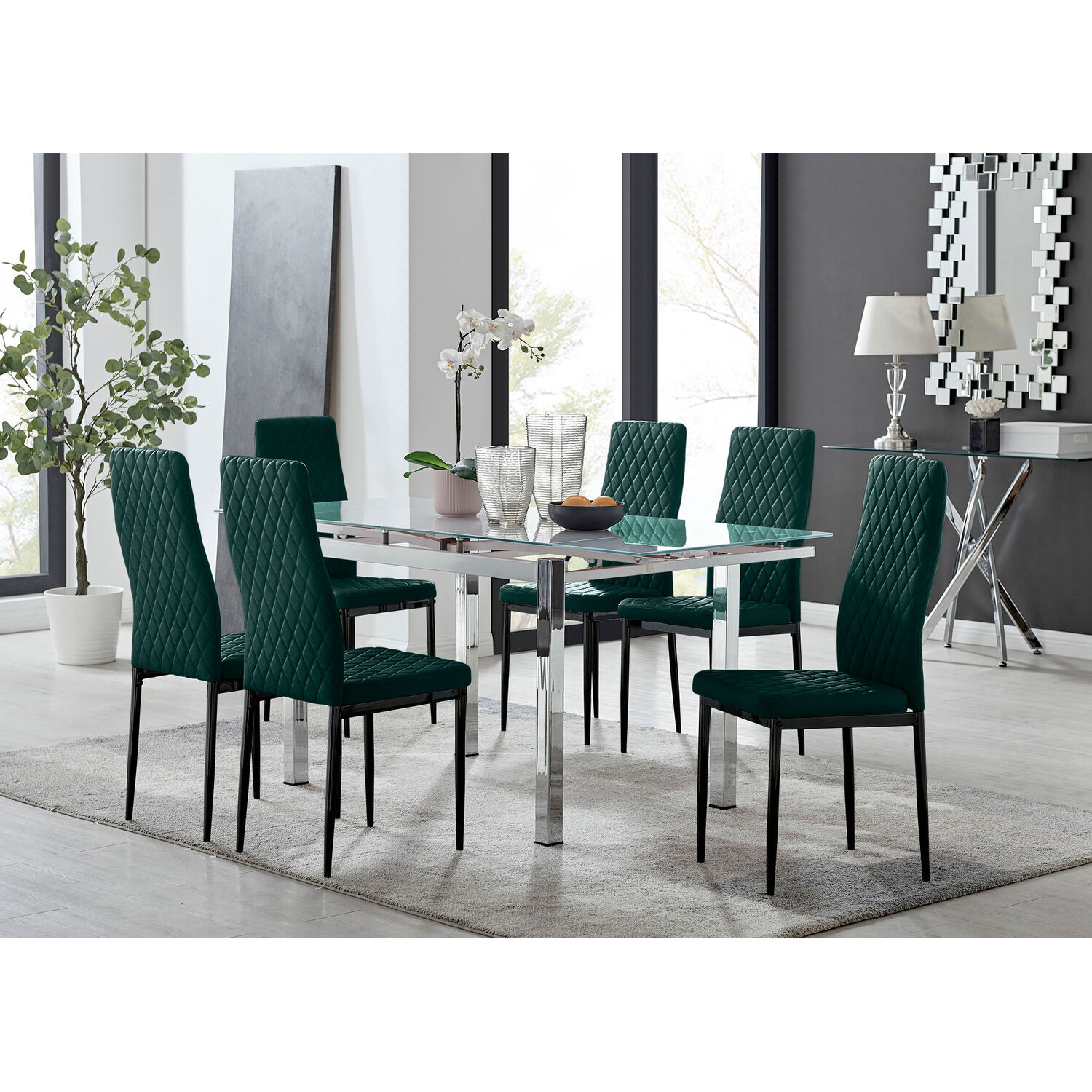 FurnitureboxUK - Enna White Glass Extending Dining Table and 6 Velvet Milan Black Leg Chairs - Green thumbnail