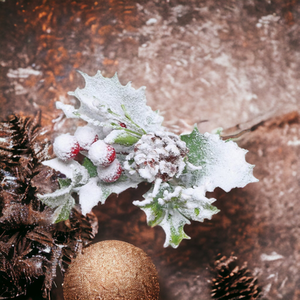 Holly, Cone and Red Berry Snowy Pick