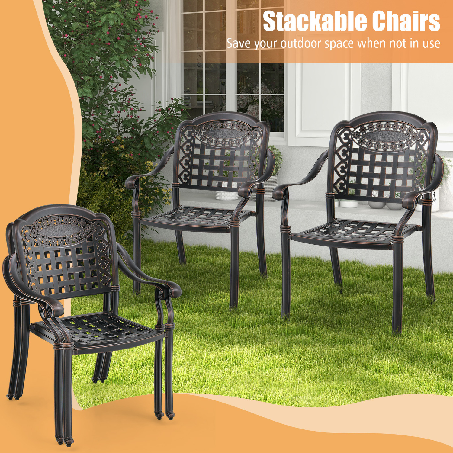 2 Pack Cast Aluminum Patio Garden Chairs - Bronze